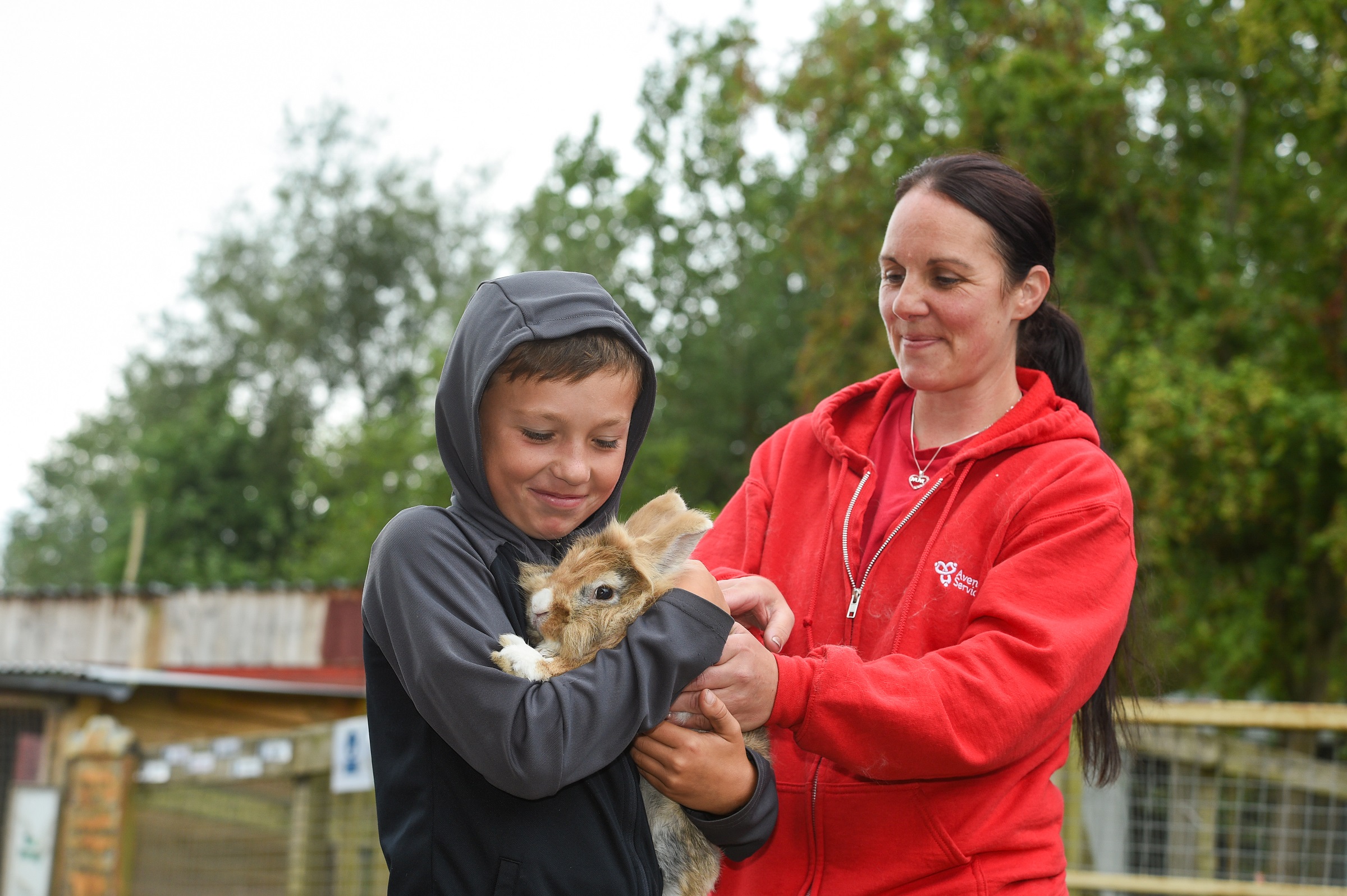 A boy in a grey hooded top holds and pets a rabbit at Blacon Adventure Playground. A female member of staff in a red hoodie is stood next to him, watching on and helping to hold the rabbit.